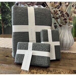 SET Textured Waffle Queen Coverlet & 2 Standard Shams Olive Green - Casaluna NEW